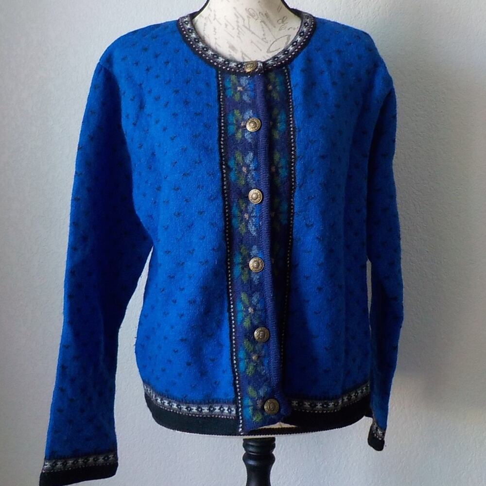 Vintage Tally Ho Pollak Blue 100% Wool Cardigan Nordic Floral Accent Button Up